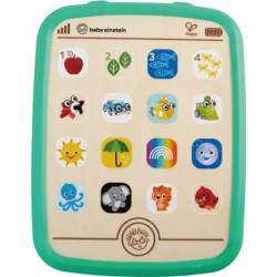 Grünes Spielzeug-Tablet mit bunten Tier- und Objekt-Symbolen auf dem Display.