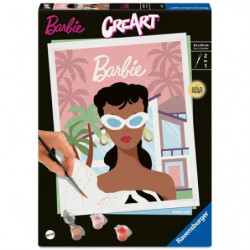 Barbie-Malkasten mit Barbie-Illustration, Sonnenbrille, Palmen und einer malenden Hand auf der Verpackung.