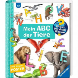 Buchcover Mein ABC der Tiere mit illustrierten Tieren und großen, bunten Buchstaben.
