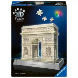 3D-Puzzlebox mit beleuchtetem Arc de Triomphe und schwebenden Puzzleteilen über dem Modell.