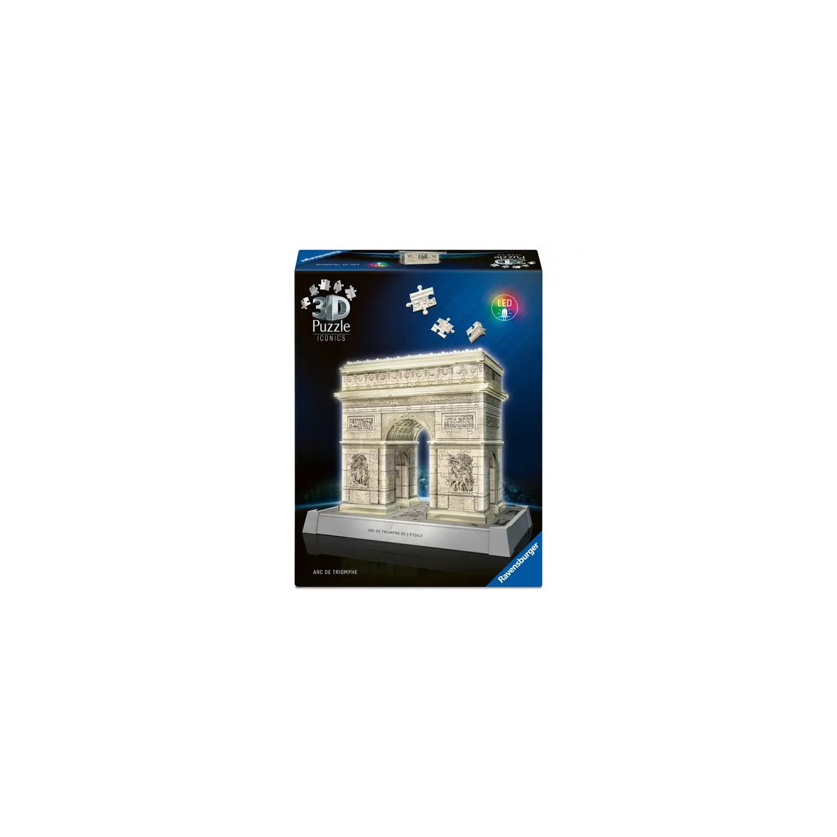 3D-Puzzlebox mit beleuchtetem Arc de Triomphe und schwebenden Puzzleteilen über dem Modell.