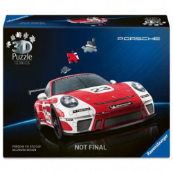 3D-Puzzlebox mit rotem und weißem Porsche-Rennwagen auf der Vorderseite, darüber abgebildete Puzzleteile.