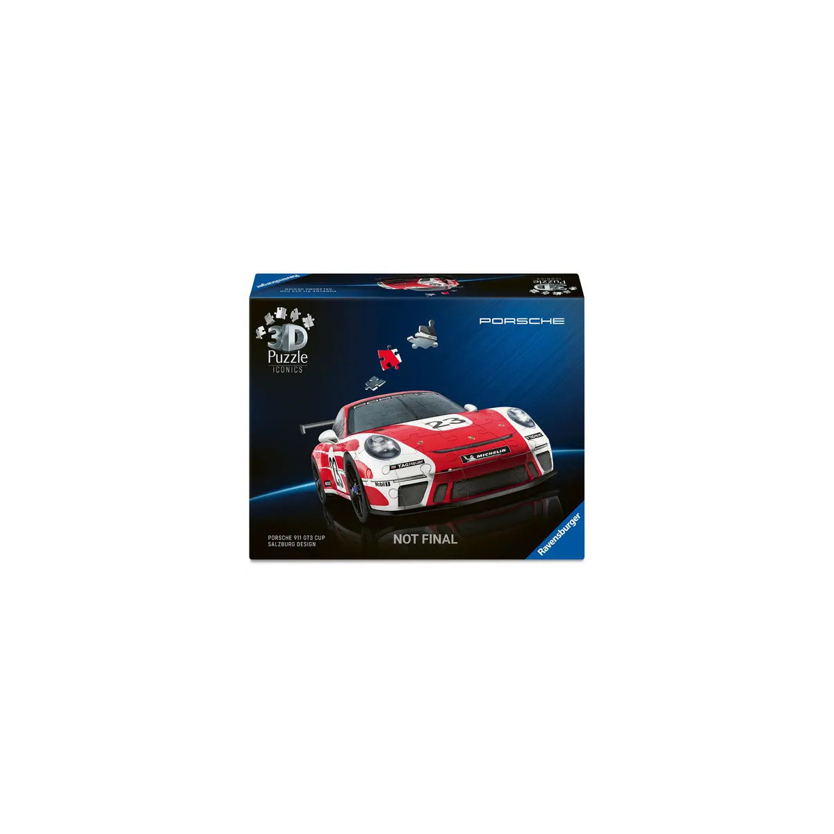 3D-Puzzlebox mit rotem und weißem Porsche-Rennwagen auf der Vorderseite, darüber abgebildete Puzzleteile.