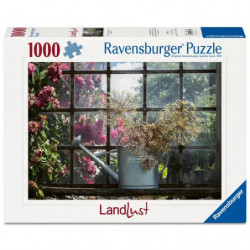 Ravensburger Puzzle 1000 Teile: Schachtel mit Fenster, durch das Blumen und grünes Laub zu sehen sind.