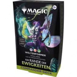 img_0:Magic: The Gathering Commander Deckbox mit Fantasywesen und deutschem Text auf der Vorderseite.