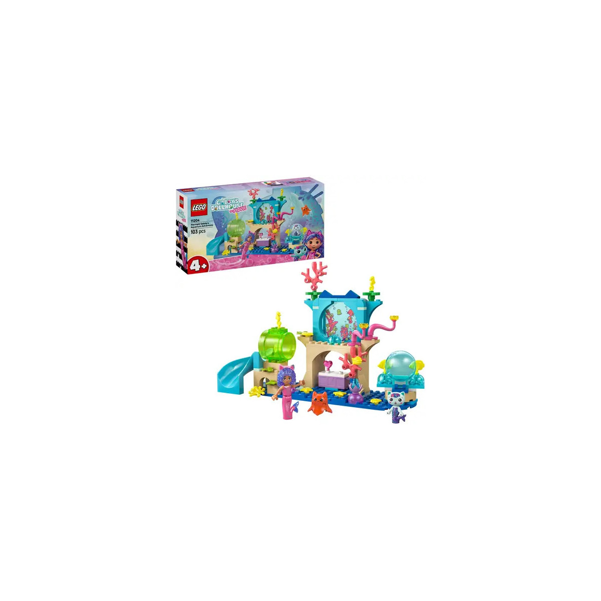 LEGO Disney Set: Arielles Unterwasserpalast mit Figuren, bunten Bauten und Zubehör ausgestellt.
