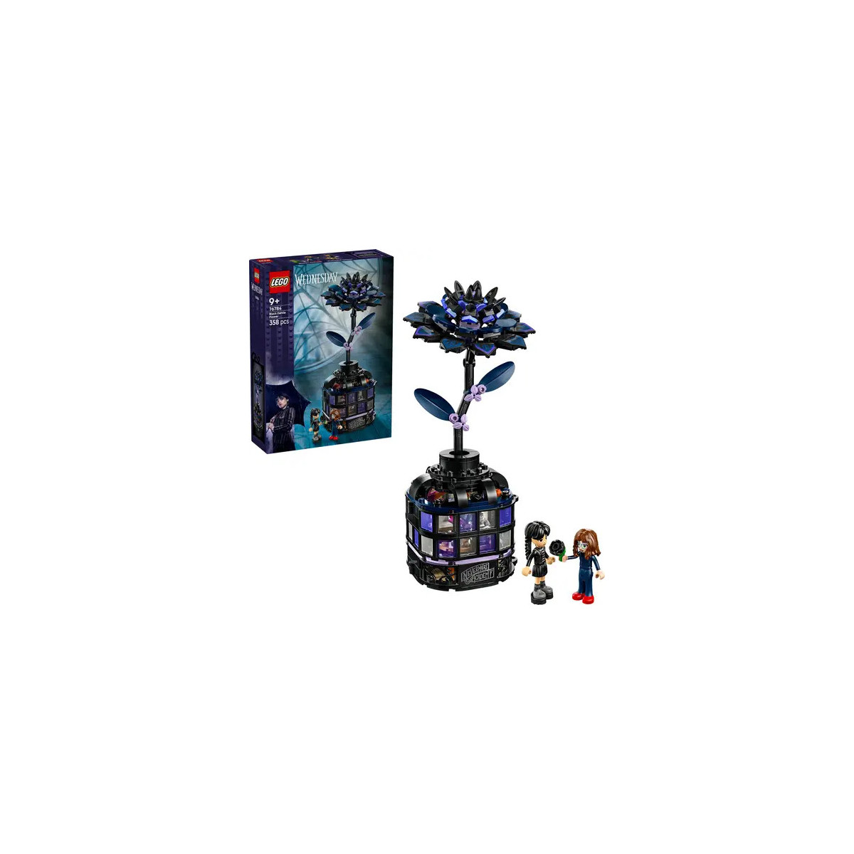 LEGO-Set mit schwarz-lila Blume, zwei Minifiguren und passender Box mit identischem Motiv.
