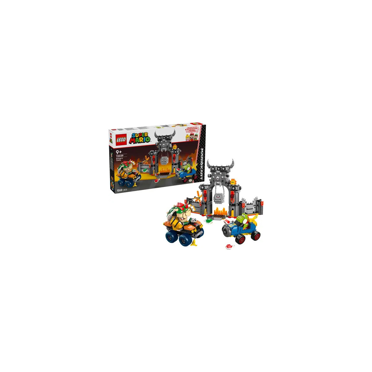 LEGO Super Mario Bowsers Schloss: Set mit Verpackung, gebauter Burg und Spielfiguren auf Fahrzeugen.