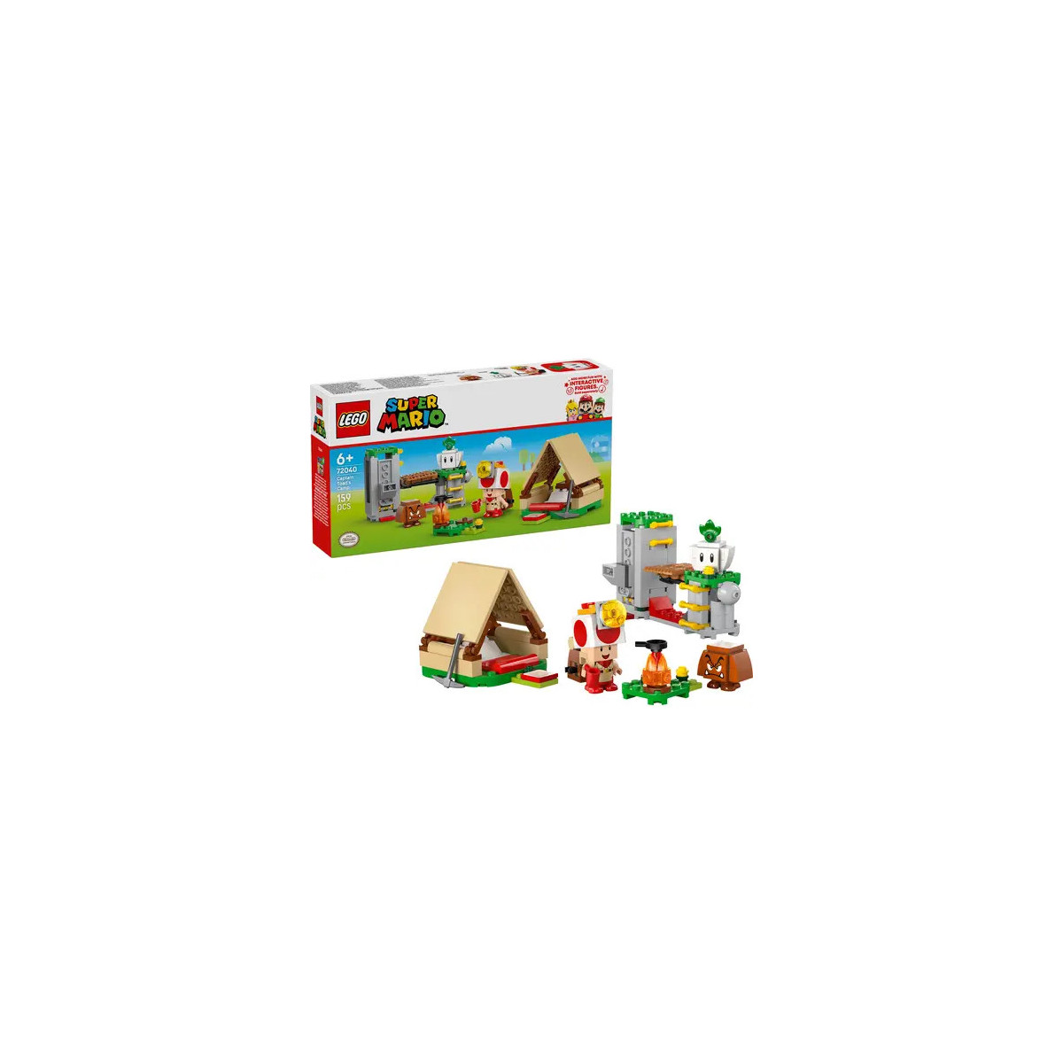 LEGO Super Mario Set mit Zelt, Lagerfeuer, Toad-Figur und Verpackung im Hintergrund.