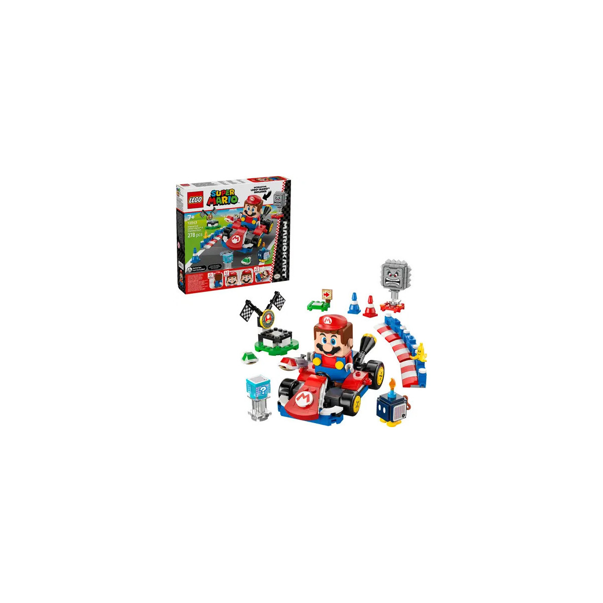 LEGO Super Mario Rennset mit Mario-Figur, Kart, Bausteinen, Zubehör und Verpackung im Hintergrund.