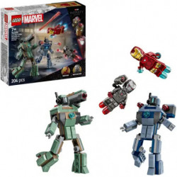 img_0:LEGO Marvel Set mit zwei baubaren Robotern, zwei Minifiguren und der Verpackung im Hintergrund.
