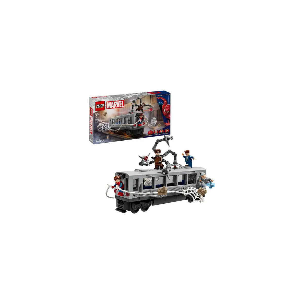 LEGO Marvel Set mit Zugwagon und Spider-Man-Minifiguren, die oben und um den Zug kämpfen.