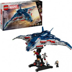 img_0:LEGO Marvel Set mit blauem Raumschiff, Ständer, Minifiguren und Verpackung im Hintergrund.
