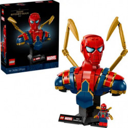 img_0:LEGO Marvel Spider-Man Büste mit goldenen Armen, kleiner Spider-Minifigur und Produktbox im Hintergrund.