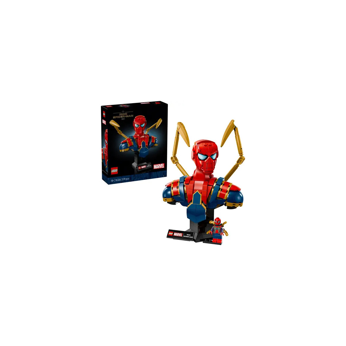 LEGO Marvel Spider-Man Büste mit goldenen Armen, kleiner Spider-Minifigur und Produktbox im Hintergrund.