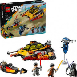 img_0:LEGO Star Wars Set mit gelbem Speeder, drei Minifiguren, einem Droiden und der Setverpackung im Hintergrund.