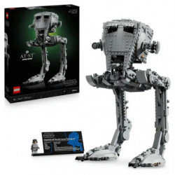 img_0:LEGO Star Wars AT-ST Set mit fertigem Modell, Minifigur, Infotafel und Box abgebildet.