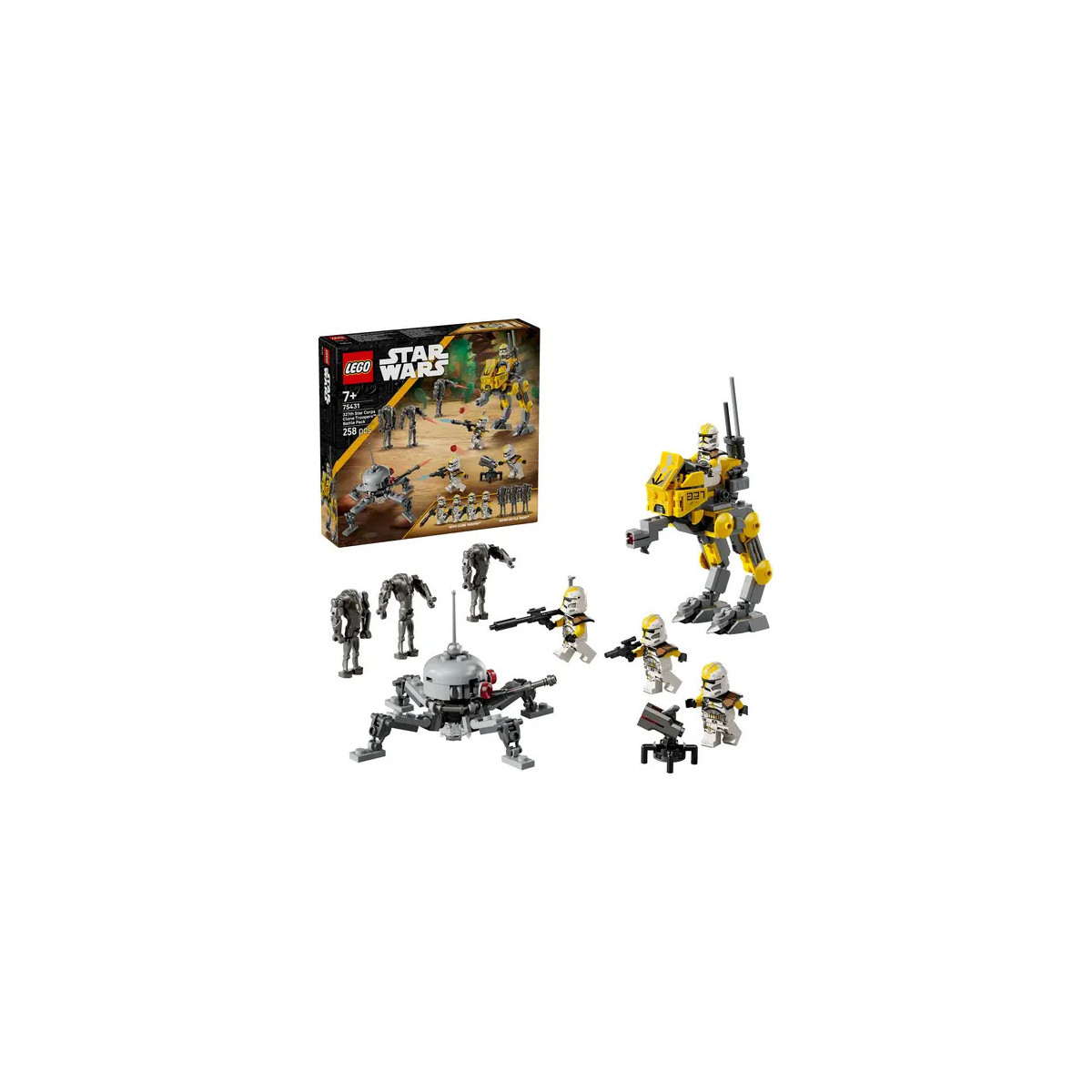 LEGO Star Wars Set mit Minifiguren, gelbem Walker, Droide und Verpackung im Hintergrund.