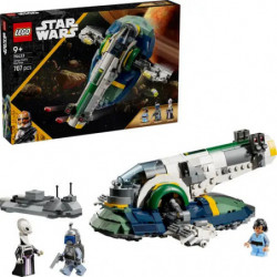 img_0:LEGO Star Wars Slave I Set mit Raumschiff, Minifiguren, Zubehör und Verpackung im Hintergrund.