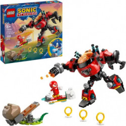 img_0:LEGO Sonic the Hedgehog Set mit rotem Roboter, Ringen, kleinen Bauten und Verpackung im Hintergrund.