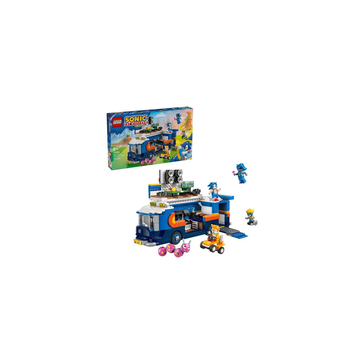 LEGO Sonic the Hedgehog Set mit Figuren, blauem Fahrzeug und Verpackung im Hintergrund.
