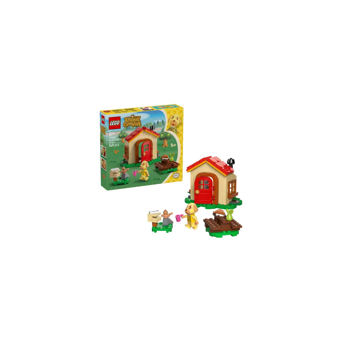 LEGO Friends Hunderettungs-Set mit kleinem Haus, Hund, Zubehör und Verpackung im Hintergrund.