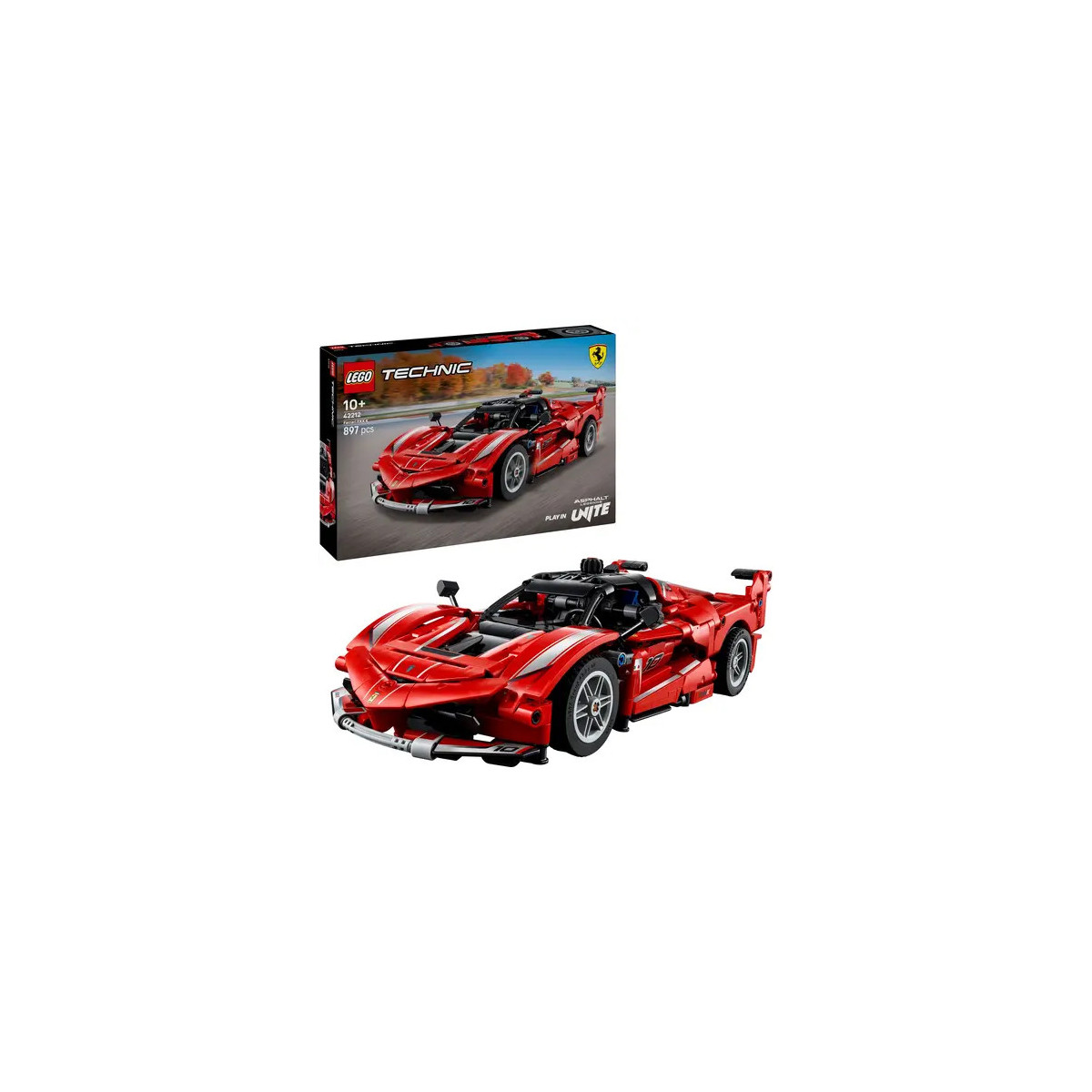 LEGO Technic Ferrari Modellauto auf weißer Fläche, im Hintergrund die Verpackung.