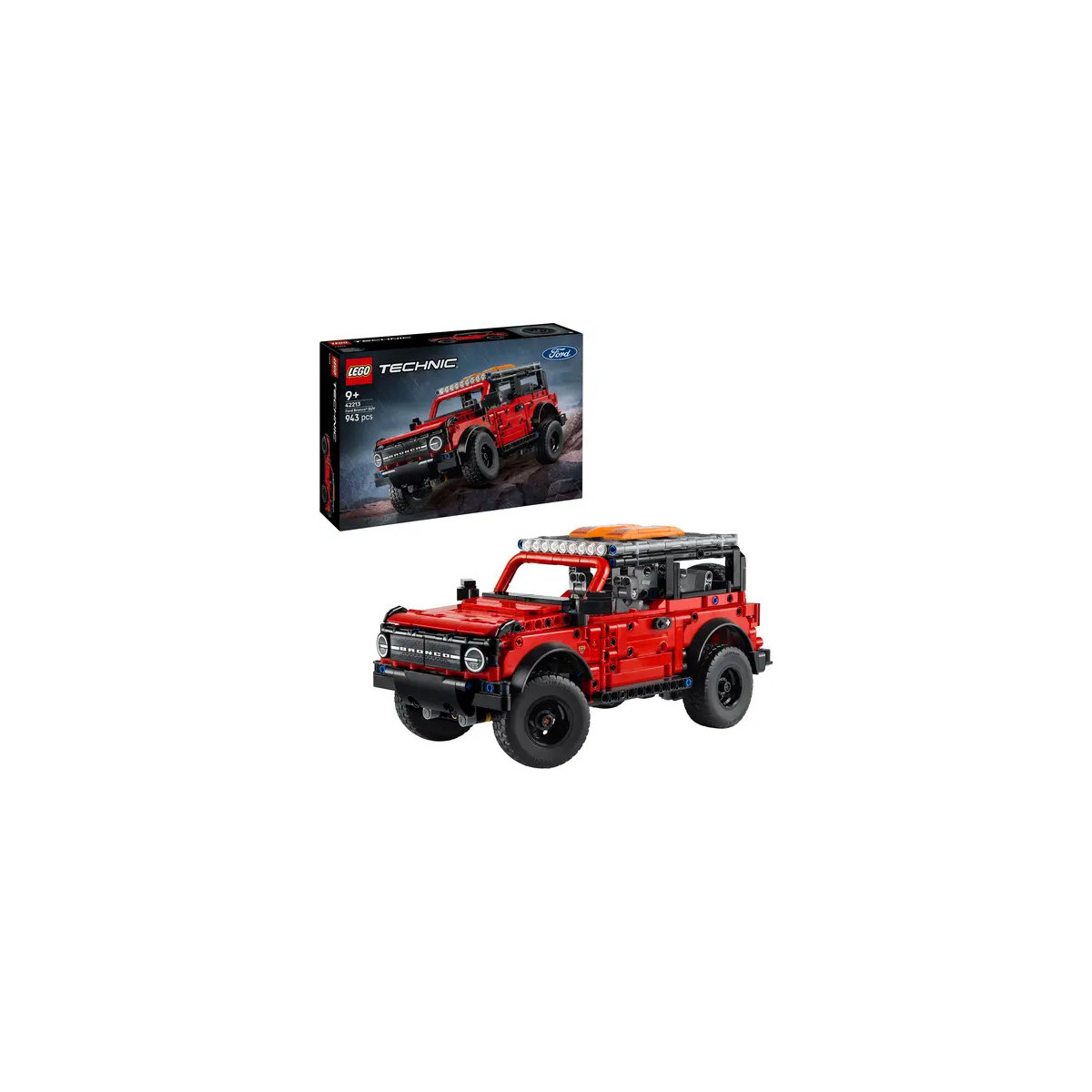 Rotes LEGO Technic Ford Bronco Modell mit Verpackung im Hintergrund auf weißer Oberfläche.