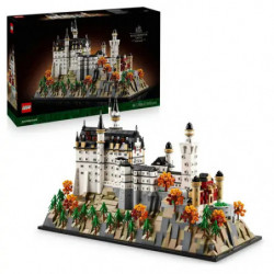 img_0:LEGO-Burg-Bauset mit bunten Bäumen, vor seiner Verpackung ausgestellt.
