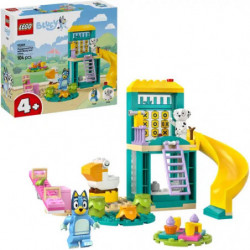 img_0:LEGO-Bluey-Spielset mit Figuren, Rutsche, Picknick und Verpackung im Hintergrund.