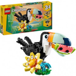 img_0:LEGO Creator 3-in-1 Set mit farbigem Tukan-Modell, im Hintergrund ist die Verpackung zu sehen.