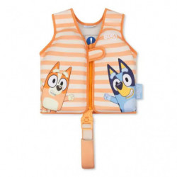 img_0:Orange-weiß gestreifte Schwimmweste für Kinder mit Hundemotiven und Sicherheitsgurt unten.