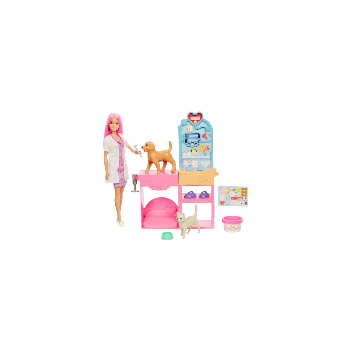 Barbie als Tierärztin mit zwei Hunden, Tierklinik-Spielset, Zubehör und veterinärmedizinischen Werkzeugen.