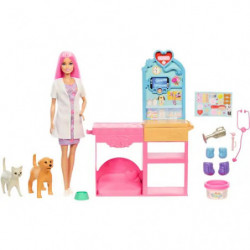 thumb-alternative:Barbie Gute Besserung Tierkrankenstation Spielset aus Modepuppe mit rosa gefärbten Haaren, Tierarzt