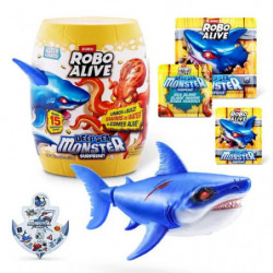 Robo Alive Monster Spielset mit blauer Hai-Figur, gelbem Behälter und kleinen Zubehörpacks.