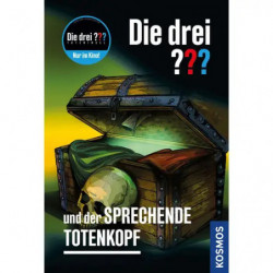 img_0:Cover von "Die drei ??? und der sprechende Totenkopf" mit einem sprechenden Totenkopf in einer Schatztruhe.