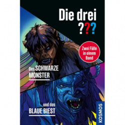 img_0:Cover von Die drei ??? mit gezeichneten Köpfen eines dunkelhaarigen Monsters und einer blauen Bestie.