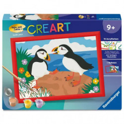 CreArt-Malkasten mit zwei Papageitauchern am Strand, geeignet für Kinder ab 9 Jahren.