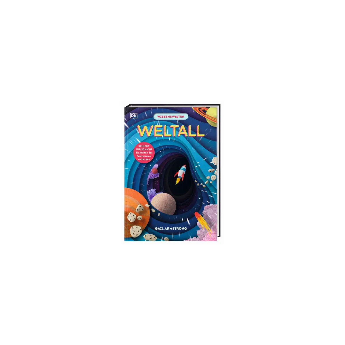 Kinderbuchcover "Weltall" mit bunten Weltraum-Illustrationen und einer Rakete im Mittelpunkt.