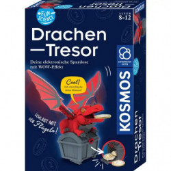 Blaue Drachen-Tresor-Spielbox von Kosmos mit rotem Drachen und Edelsteinen.