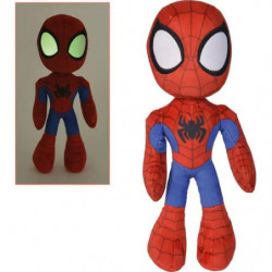 Spiderman-Plüschfigur mit leuchtenden Augen, links in einem kleinen Bildausschnitt im Dunkeln gezeigt.