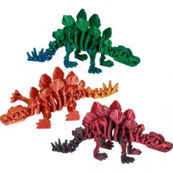img_0:Drei bunte Dinosaurier-Spielzeugfiguren in Grün, Orange und Rot auf weißem Hintergrund.