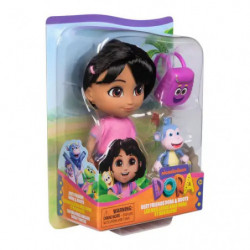 img_0:Dora the Explorer Puppe mit Rucksack und Stiefel in Verpackung vor weißem Hintergrund.