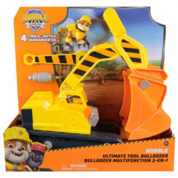 img_0:Gelber PAW Patrol Rubble-Bagger im Karton, auf dem Cartoon-Figuren abgebildet sind.