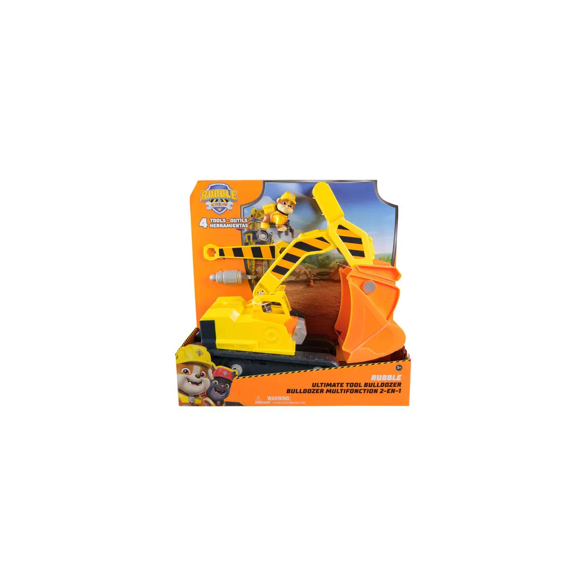 Gelber PAW Patrol Rubble-Bagger im Karton, auf dem Cartoon-Figuren abgebildet sind.