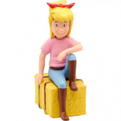 img_0:Spielzeugfigur eines Mädchens mit blonden Haaren, rosa Shirt und Stiefeln sitzt auf gelben Heuballen.