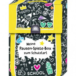 img_0:Bunte Box mit Schulmotiven und Aufdruck: "Meine Pausen-Spiele-Box zum Schulstart".