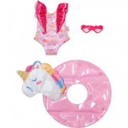 Rosa Volant-Badeanzug, rosa Sonnenbrille, Einhorn-Schwimmring und Schwimmreifen auf weißem Hintergrund.