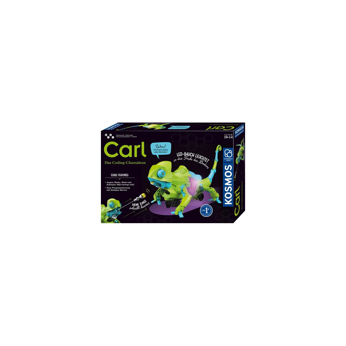 Box von Carl the Chameleon, dem Coding-Roboter von Kosmos, mit Roboterbild auf der Vorderseite.