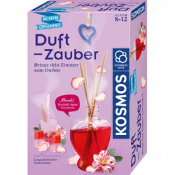 img_0:Kosmos Duft-Zauber-Set mit rotem Raumduft-Stäbchen und Blumen auf hellvioletter Verpackung abgebildet.